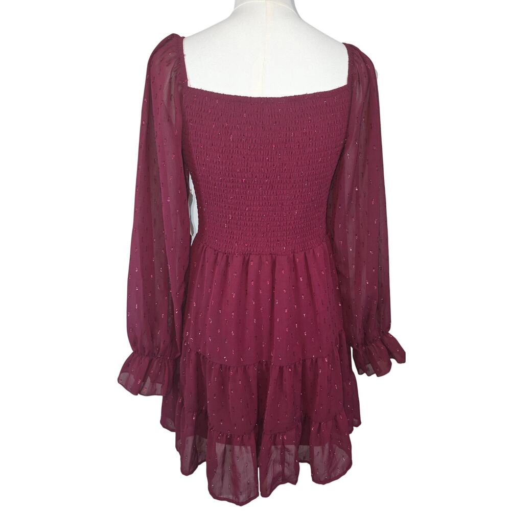 NWT Altar'd State Burgundy Ruffle Dress w/Sheer Balloon Sleeves Shimmer Boho - Picture 4 of 10